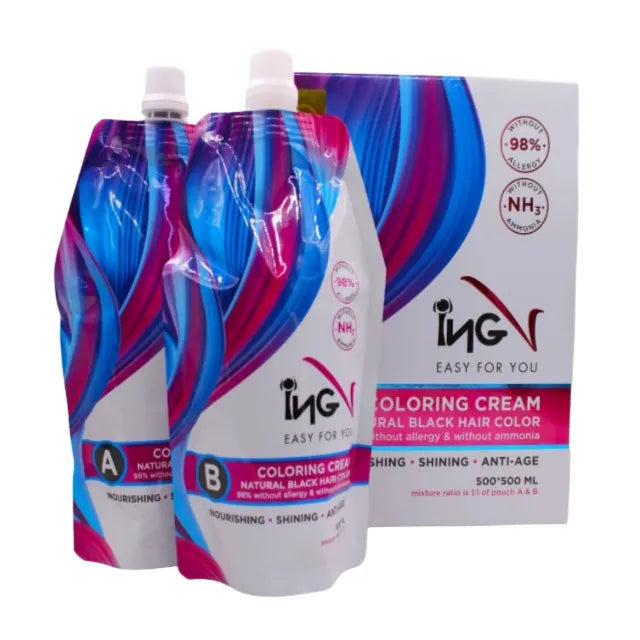ING Hair Coloring Cream, Natural Black 500ml + 500ml, Dye glow Hair Color, Ammonia free
